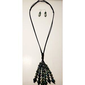 Indie Design Necklace Set With Earing Deep Moss Green Beads Eclectic Unique